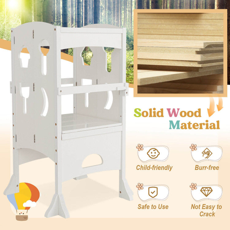 Folding Wooden Step Stool with Lockable Safety Rail for Toddler 3+