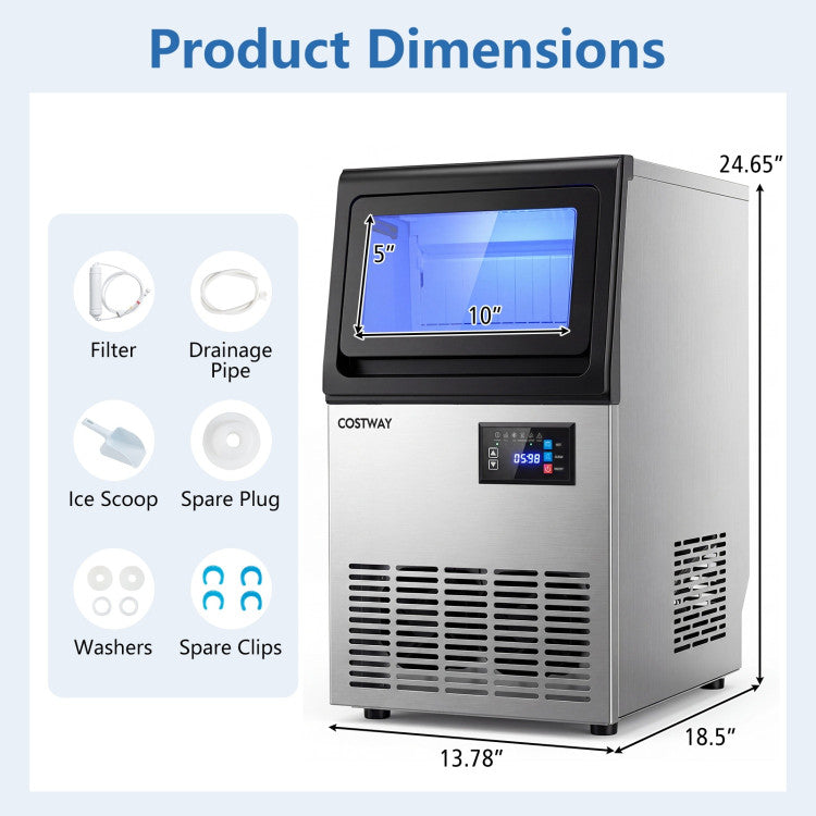 Stainless Steel Spary Ice Maker with 30 LBS Storage Capacity and 80 LBS Per Day