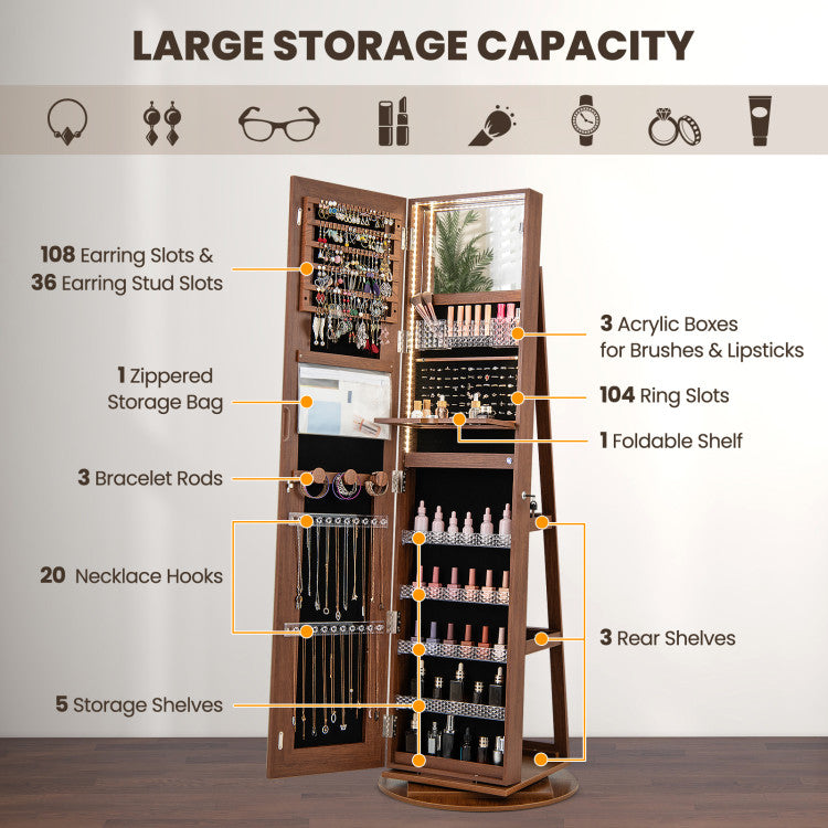 Standing Jewelry Cabinet with Adjustable LED Lights