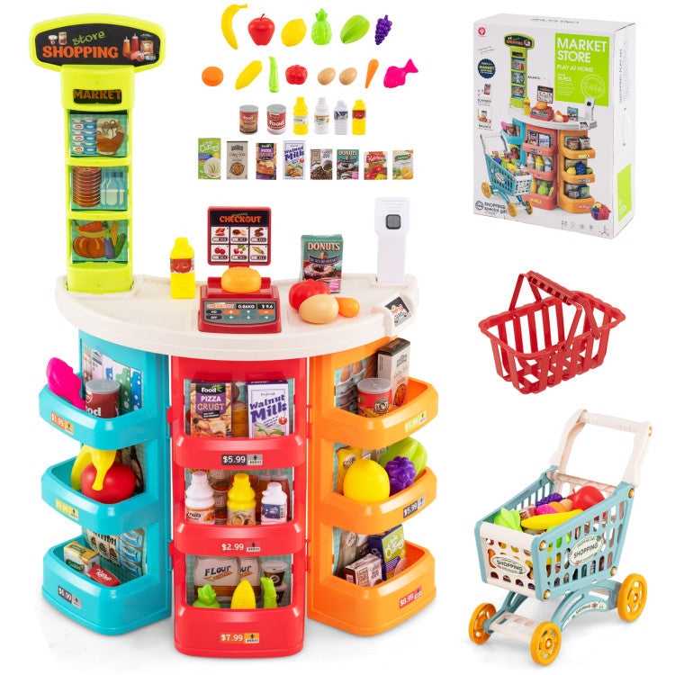 Supermarket Playset for Kids 76 PCS Pretend Play Grocery Store Set with Shopping Cart