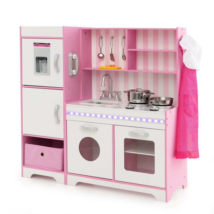 Kids Kitchen Playset Wooden Toy with Adjustable LED Lights and Washing Machine