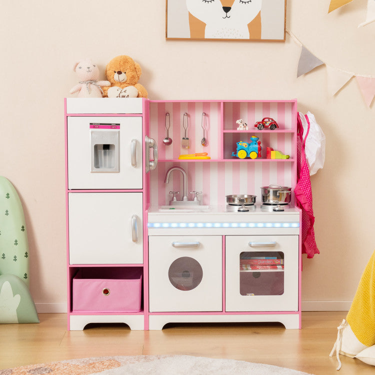 Kids Kitchen Playset Wooden Toy with Adjustable LED Lights and Washing Machine
