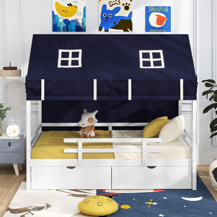 Twin House Bed with Tent and 2 Storage Drawers for Kids