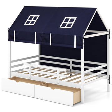 Twin House Bed with Tent and 2 Storage Drawers for Kids
