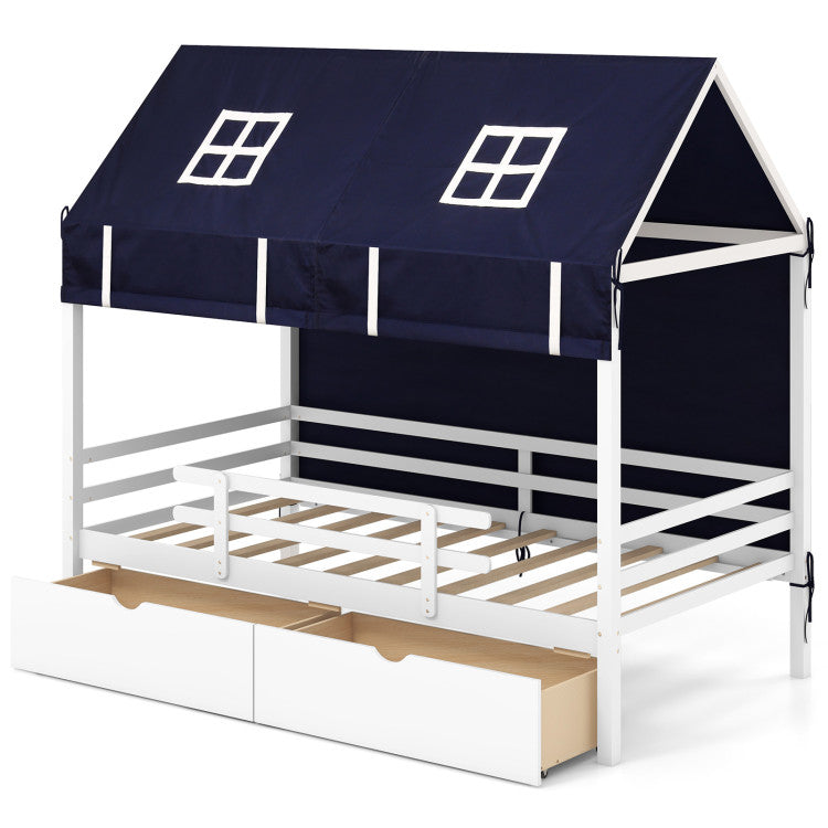 Twin House Bed with Tent and 2 Storage Drawers for Kids