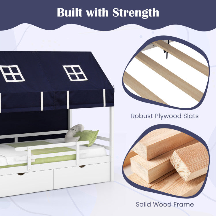 Twin House Bed with Tent and 2 Storage Drawers for Kids