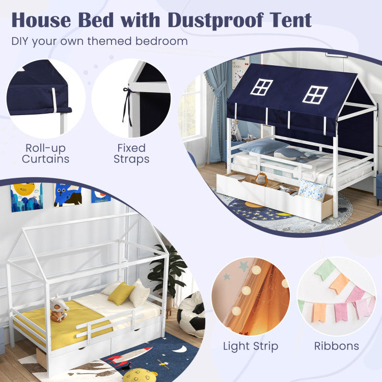 Twin House Bed with Tent and 2 Storage Drawers for Kids