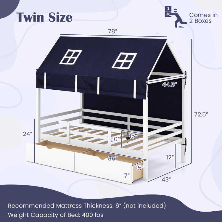 Twin House Bed with Tent and 2 Storage Drawers for Kids