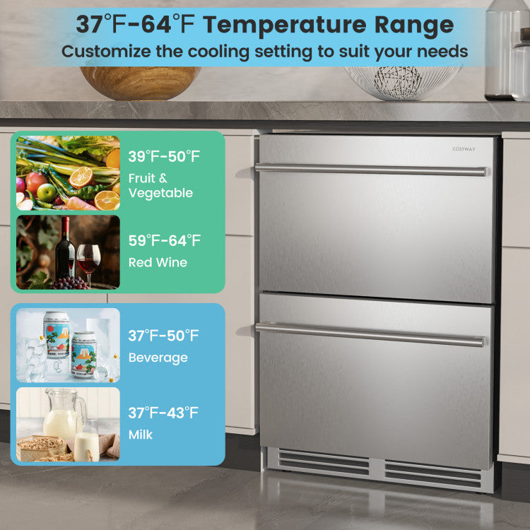 24 Inch Under Counter Dual Drawer Fridge with 37℉-64℉ Temperature Range