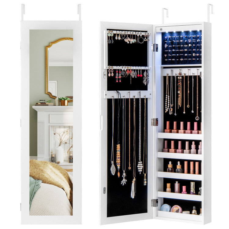 Wall And Door Mirrored Jewelry Cabinet With LED Light