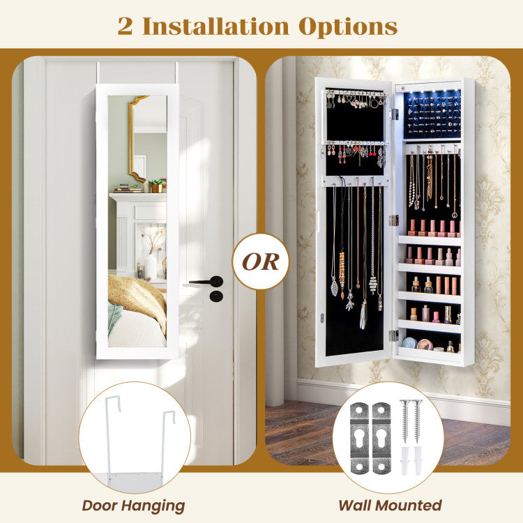 Wall And Door Mirrored Jewelry Cabinet With LED Light