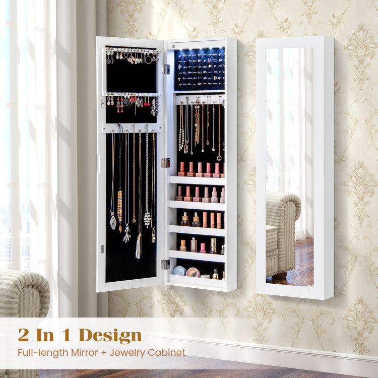 Wall And Door Mirrored Jewelry Cabinet With LED Light