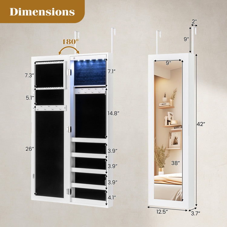 Wall And Door Mirrored Jewelry Cabinet With LED Light