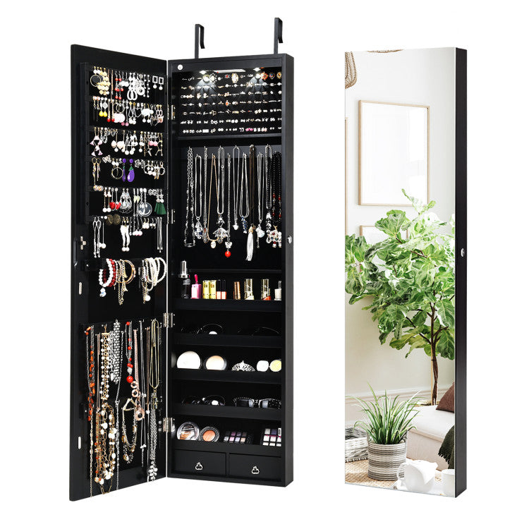 Wall and Door Mounted Mirrored Jewelry Cabinet with Lights