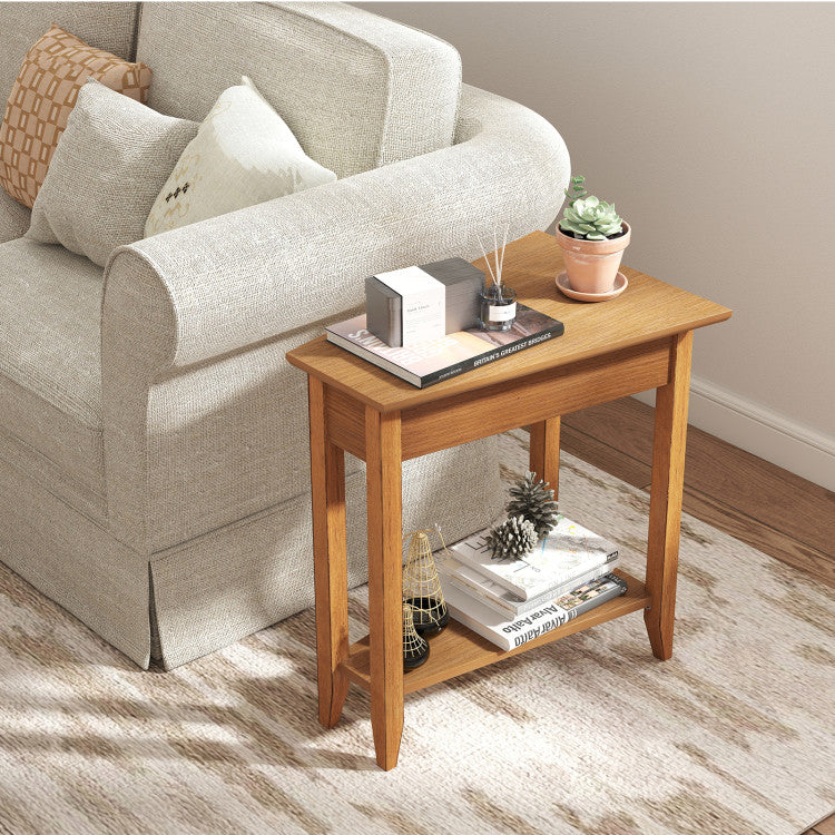 2-Tier Wedge Narrow End Table with Storage Shelf and Solid Wood Legs