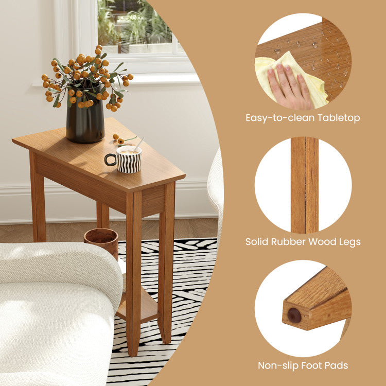 2-Tier Wedge Narrow End Table with Storage Shelf and Solid Wood Legs