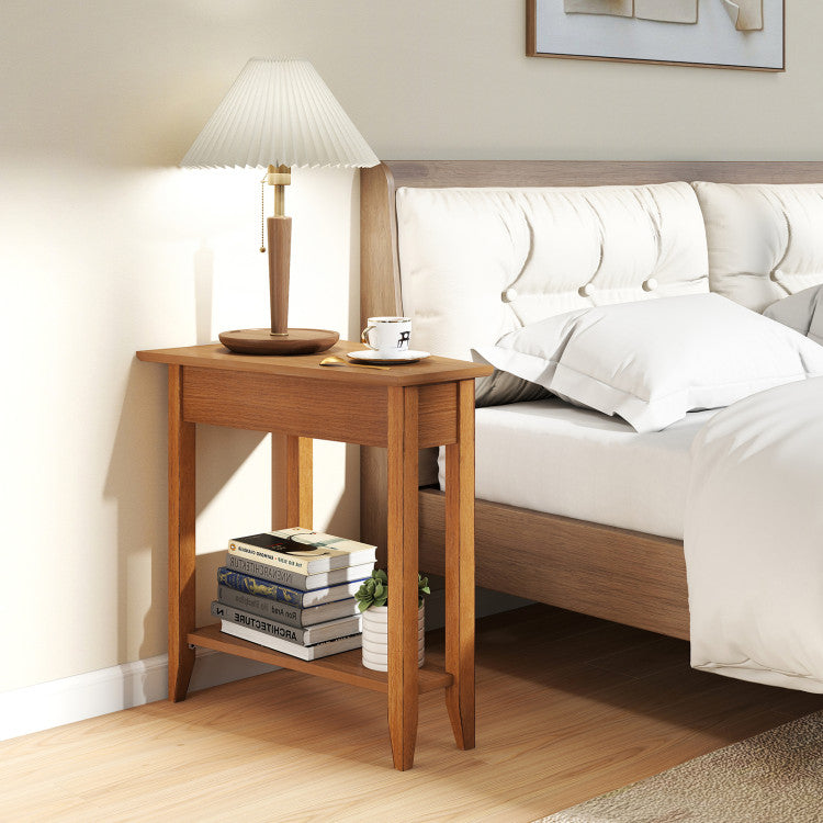 2-Tier Wedge Narrow End Table with Storage Shelf and Solid Wood Legs