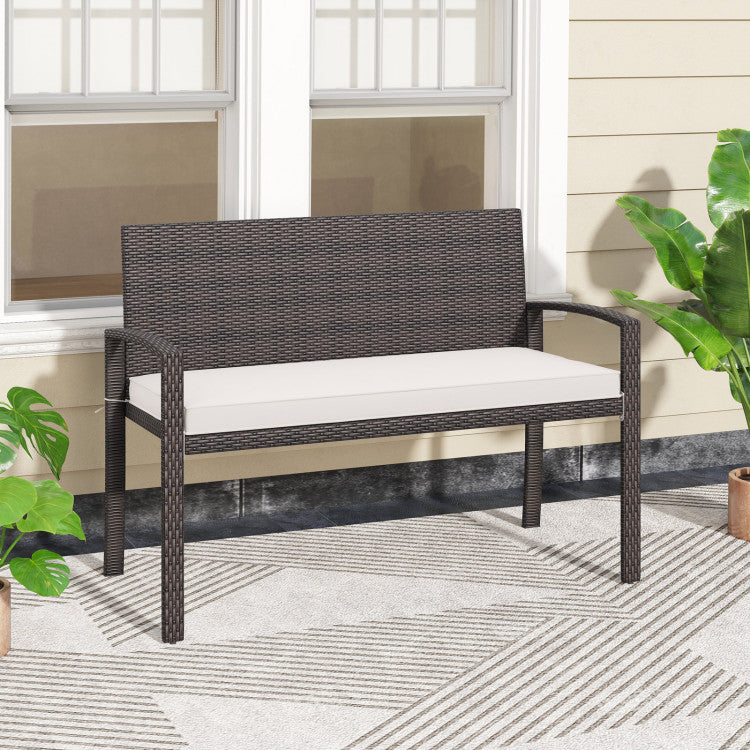 Wicker 2-Seat Bench with Soft Seat Cushion and Metal Frame
