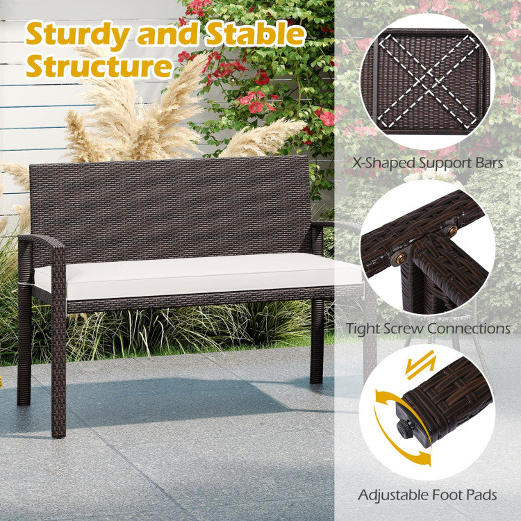 Wicker 2-Seat Bench with Soft Seat Cushion and Metal Frame