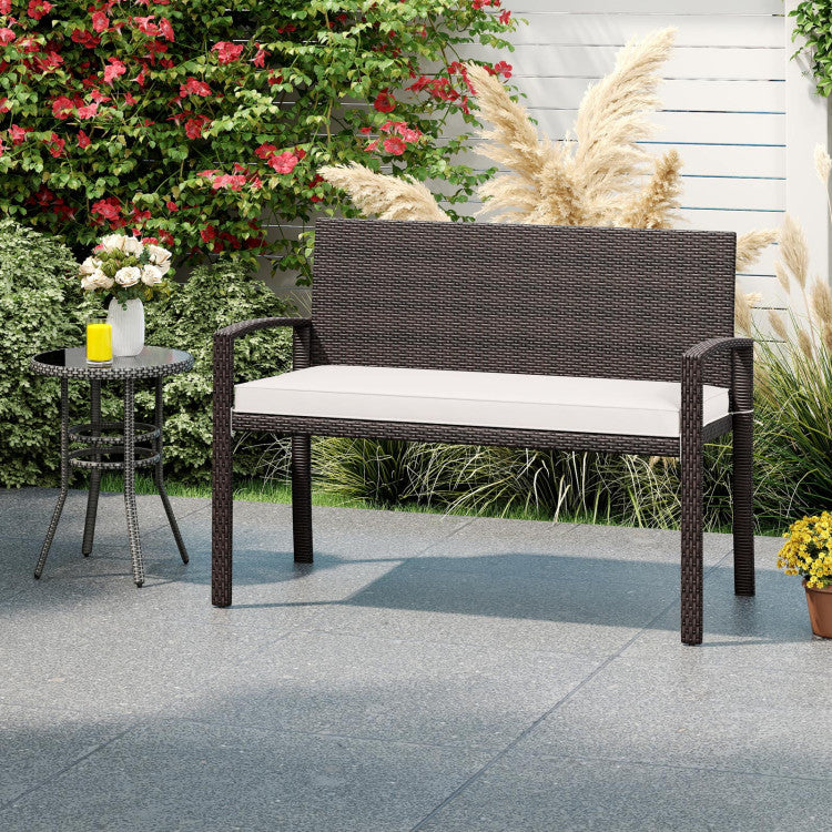 Wicker 2-Seat Bench with Soft Seat Cushion and Metal Frame