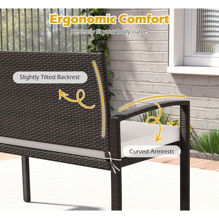 Wicker 2-Seat Bench with Soft Seat Cushion and Metal Frame