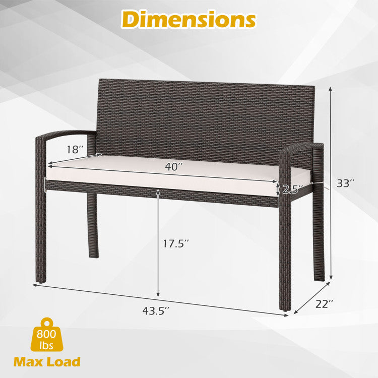 Wicker 2-Seat Bench with Soft Seat Cushion and Metal Frame