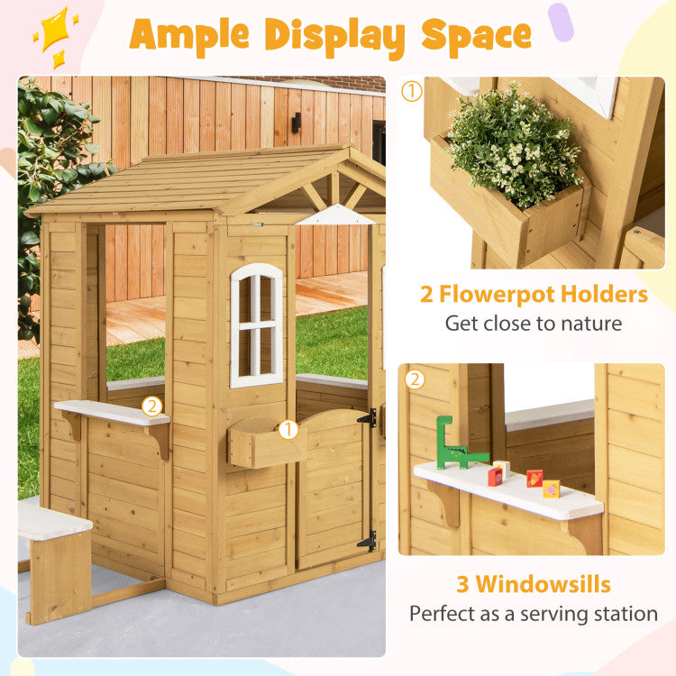 Wood Playhouse with Bench and Serving Stations for 2+ Years Old Kids