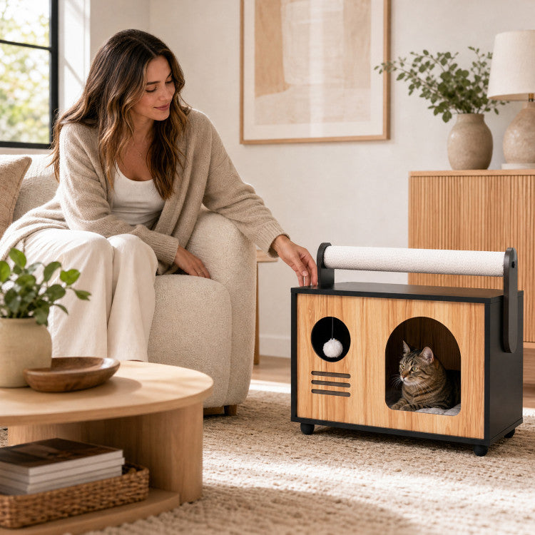 Wooden Cat House with Scratching Post