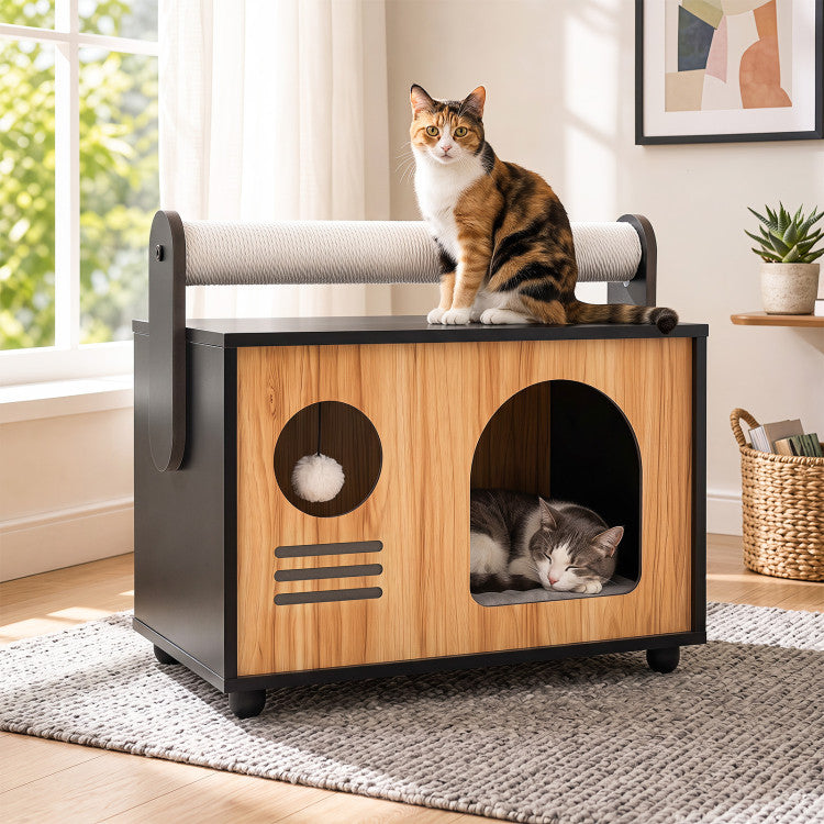Wooden Cat House with Scratching Post
