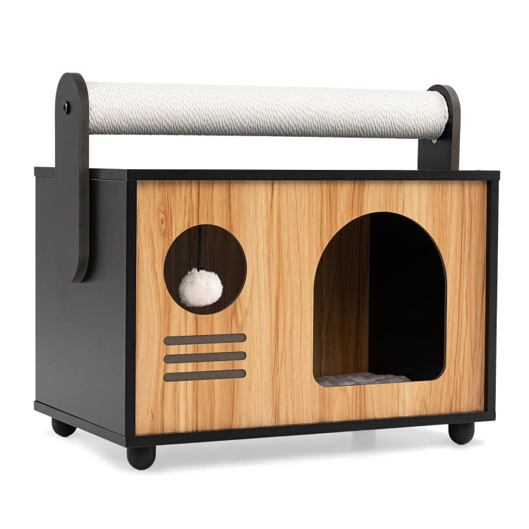 Wooden Cat House with Scratching Post