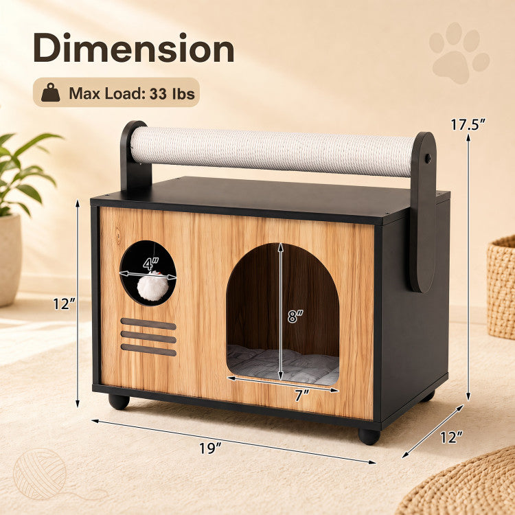 Wooden Cat House with Scratching Post