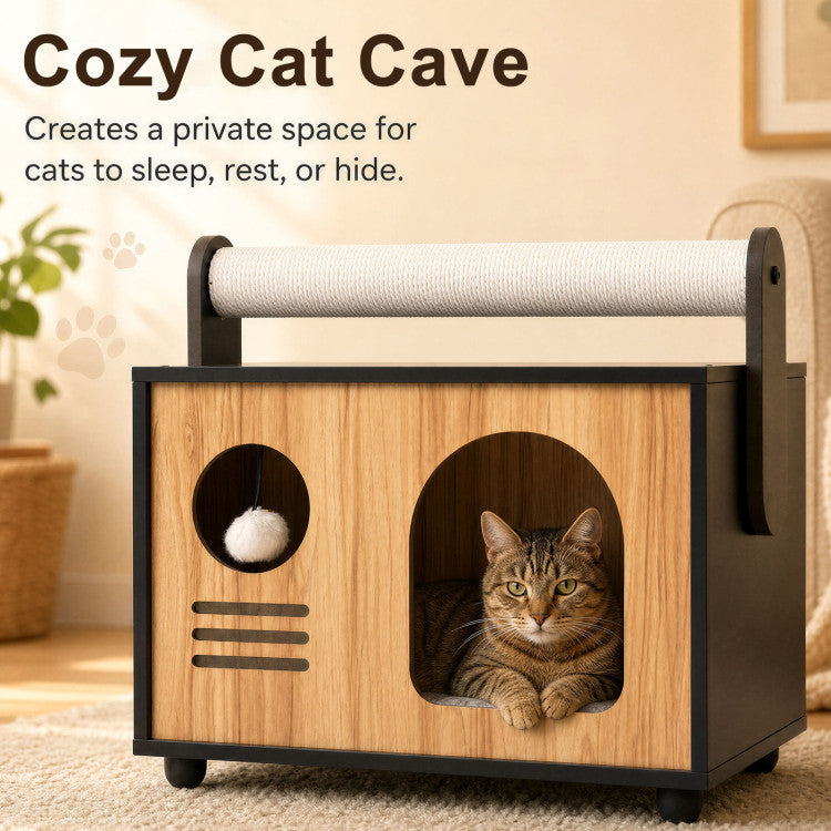 Wooden Cat House with Scratching Post