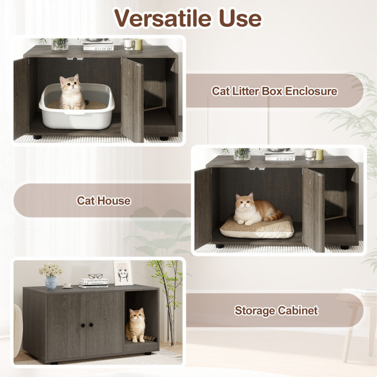 Wooden Cat Litter Box Enclosure Hidden Litter Box Furniture with Scratching Board