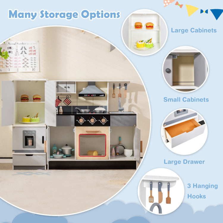Wooden Chef Play Kitchen and Refrigerator with Realistic Range Hood and Roaster