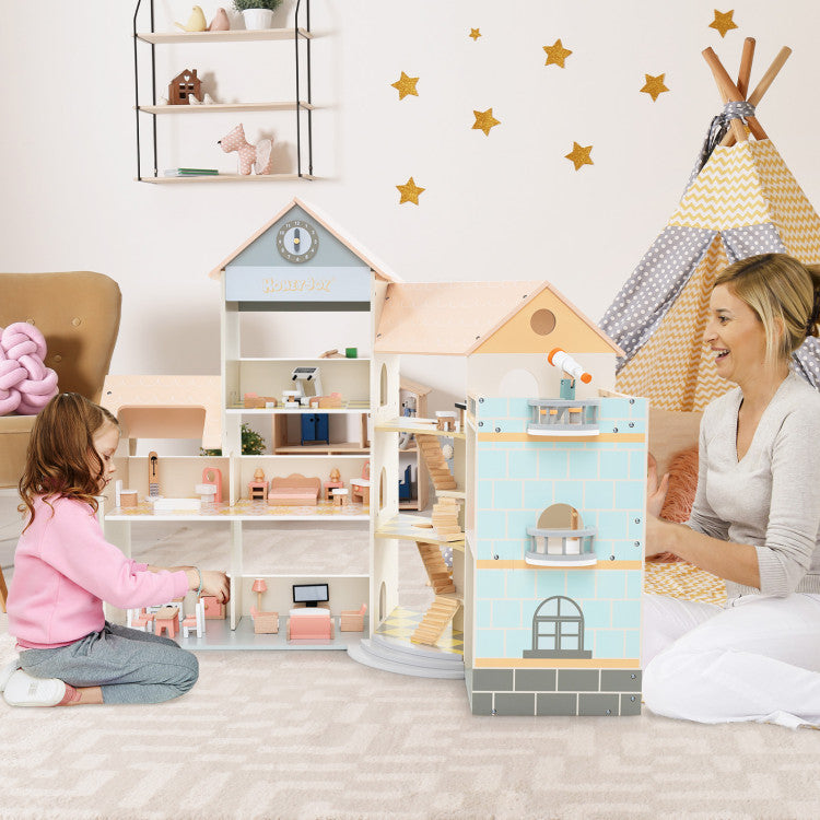 Wooden Corner Dollhouse Playset with 41 Pieces Accessories for Kids 3+ Years Old