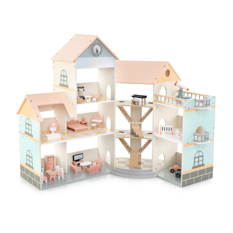 Wooden Corner Dollhouse Playset with 41 Pieces Accessories for Kids 3+ Years Old