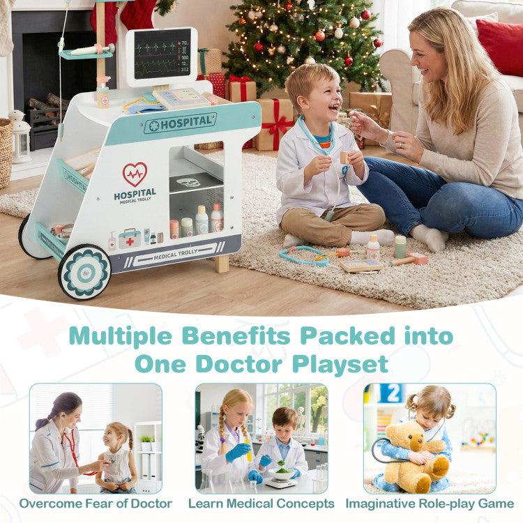 Wooden Doctor Playset for Kids Pretend Play Doctor Kit with Cart Gift for Toddlers Boys Girls Aged 3+
