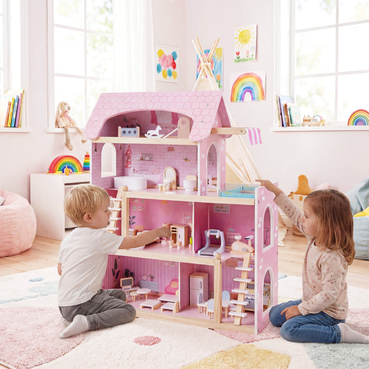 Wooden Dollhouse Kids DIY Pretend Playhouse with 33 PCS Furniture Accessories