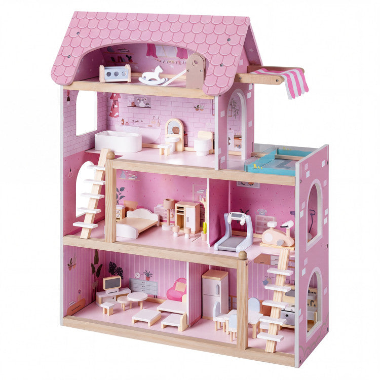 Wooden Dollhouse Kids DIY Pretend Playhouse with 33 PCS Furniture Accessories