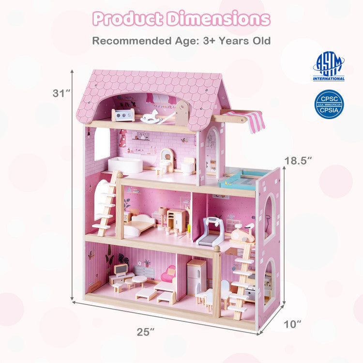 Wooden Dollhouse Kids DIY Pretend Playhouse with 33 PCS Furniture Accessories
