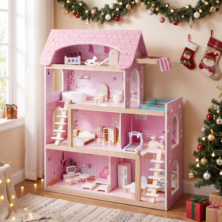 Wooden Dollhouse Kids DIY Pretend Playhouse with 33 PCS Furniture Accessories