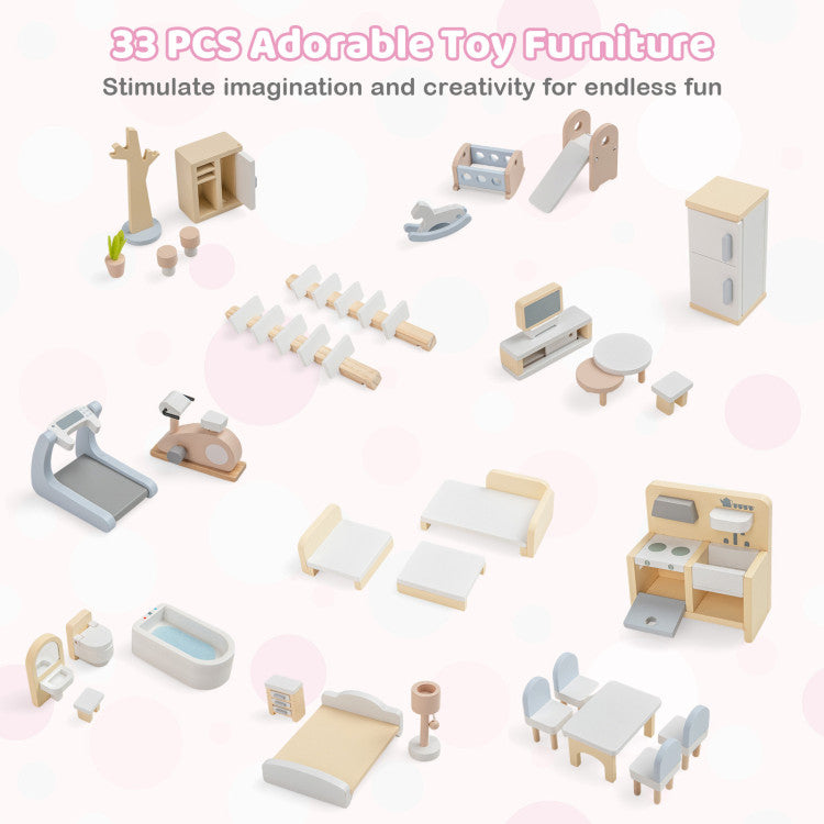 Wooden Dollhouse Kids DIY Pretend Playhouse with 33 PCS Furniture Accessories