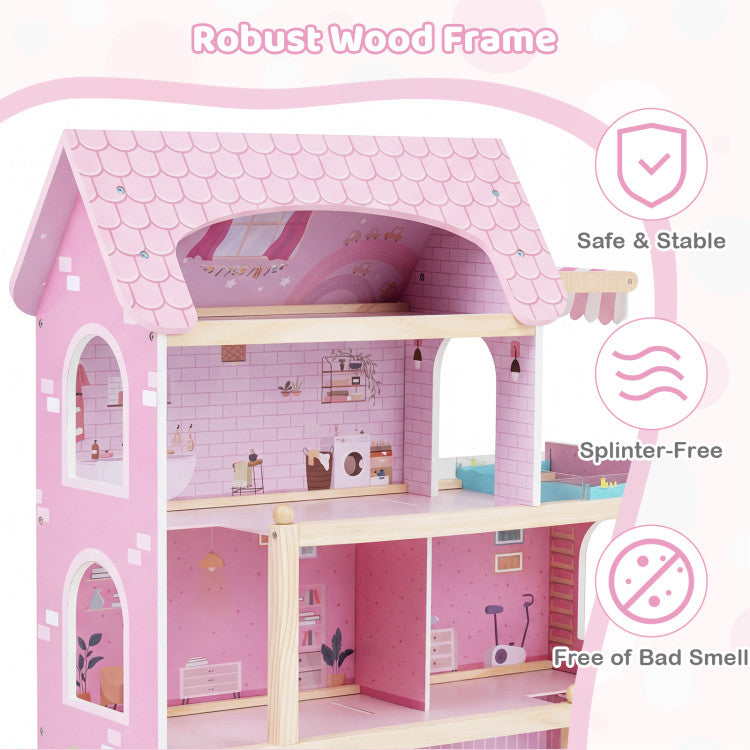 Wooden Dollhouse Kids DIY Pretend Playhouse with 33 PCS Furniture Accessories