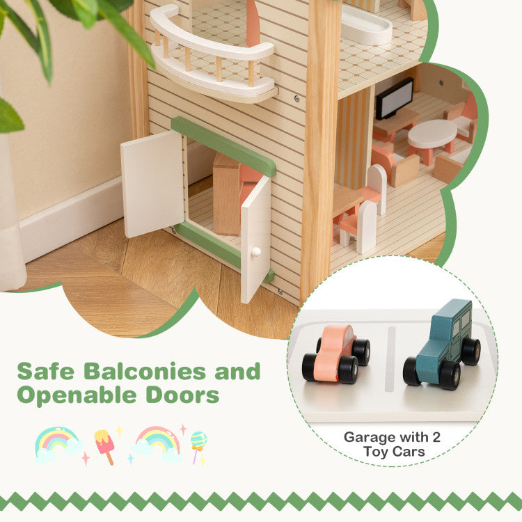 Wooden Corner Dollhouse Playset with 6 Rooms and 36 Pieces for Kids 3+ Years Old