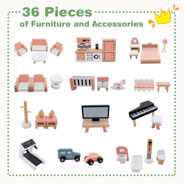 Wooden Corner Dollhouse Playset with 6 Rooms and 36 Pieces for Kids 3+ Years Old
