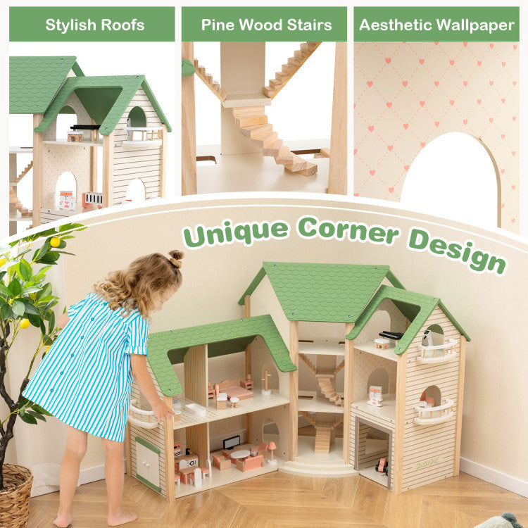 Wooden Corner Dollhouse Playset with 6 Rooms and 36 Pieces for Kids 3+ Years Old