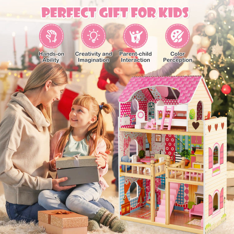 Doll House Playset with 3 Stories and 6 Simulated Rooms and 15 Pieces of Furniture