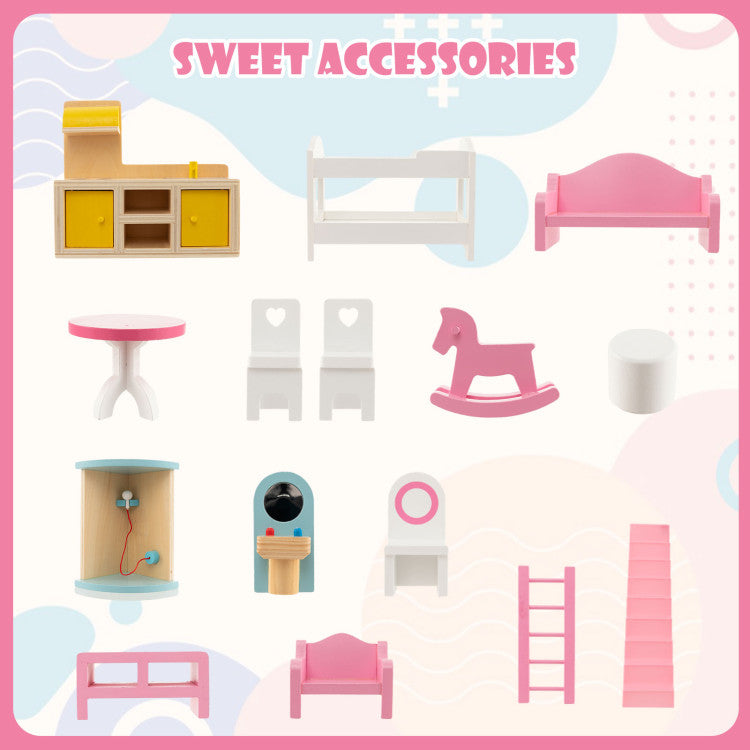 Doll House Playset with 3 Stories and 6 Simulated Rooms and 15 Pieces of Furniture