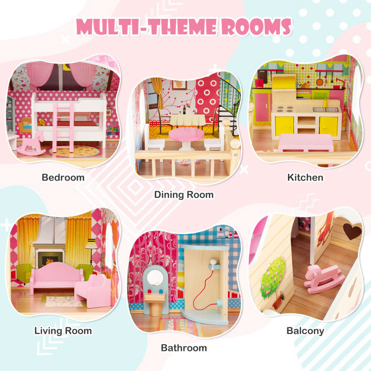 Doll House Playset with 3 Stories and 6 Simulated Rooms and 15 Pieces of Furniture