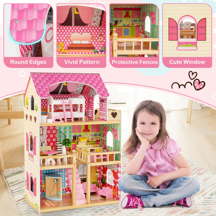 Doll House Playset with 3 Stories and 6 Simulated Rooms and 15 Pieces of Furniture
